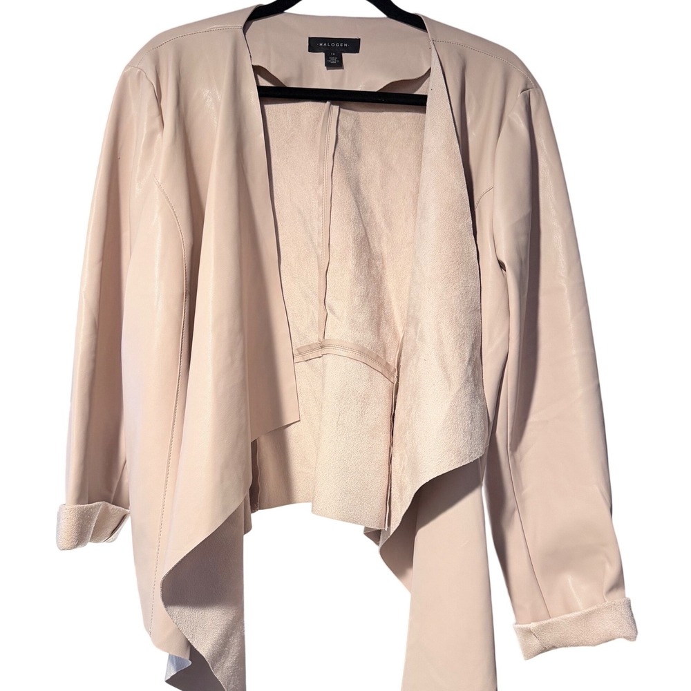 Halogen Womens Blush Pink Faux Leather Draped Open Front Waterfall Jacket 1X
